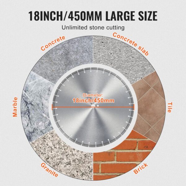 VEVOR Diamantsägeblatt Betonsägeblatt 45 cm für Nass- oder Trockenarbeiten, 12 mm Diamantsegmentsägeblatt mit flachen Zähnen, Mittellochdurchmesser 25,4 mm, für Beton, Zementplatten, Fliesen, Ziegel – Bild 5
