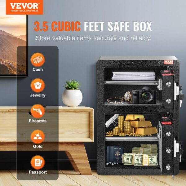 VEVOR Safe Tresor mit feuerfester Geldtasche, Doppeltüren-Safe 3,5 Kubikfuß, 2 höhenverstellbare Trennwände, digitaler Möbeltresor mit Schlüssel, Code, Safe für Geld Schmuck Wertsachen, Schwarz – Bild 2