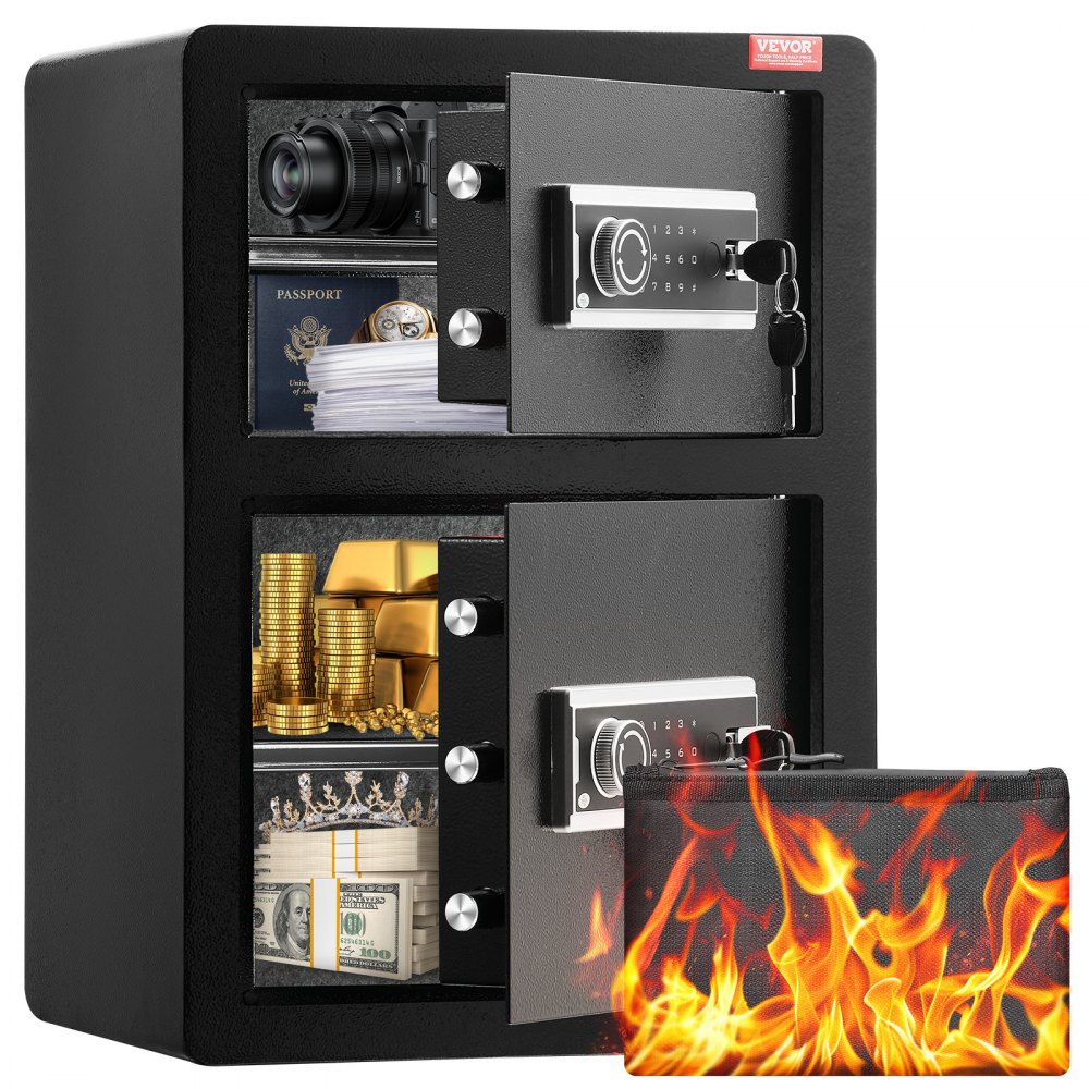 VEVOR Safe Tresor mit feuerfester Geldtasche, Doppeltüren-Safe 3,5 Kubikfuß, 2 höhenverstellbare Trennwände, digitaler Möbeltresor mit Schlüssel, Code, Safe für Geld Schmuck Wertsachen, Schwarz