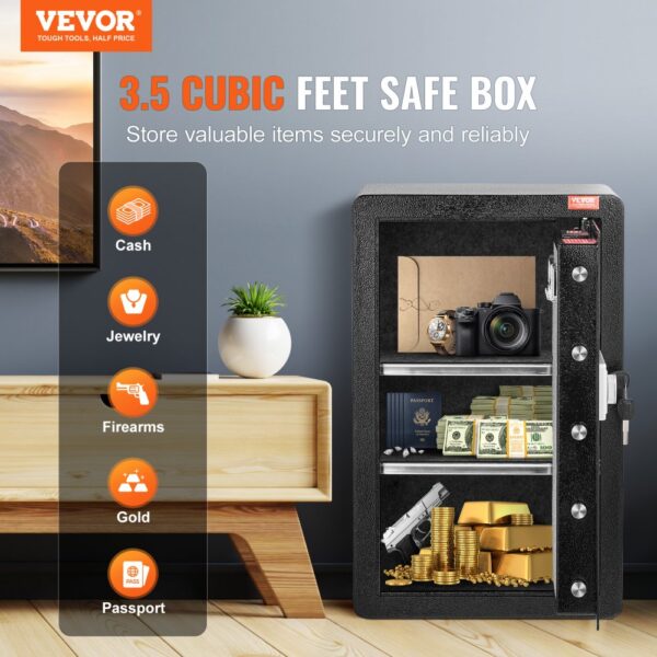 VEVOR Safe Tresor mit feuerfester Geldtasche, Einzeltür-Safe 99 L, 2 Trennwände, digitaler Möbeltresor mit Schlüssel und Code, Wertsachenbox für Geld, Schmuck und Medikamente, Geldtresor Schwarz – Bild 2