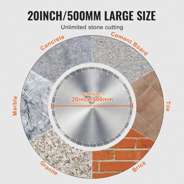 VEVOR Diamantsägeblatt Betonsägeblatt 50 cm für Nass- oder Trockenarbeiten, 12 mm Diamantsegmentsägeblatt mit schrägen Zähnen, Mittellochdurchmesser 25,4 mm, für Beton, Zementplatten, Fliesen, Ziegel – Bild 5