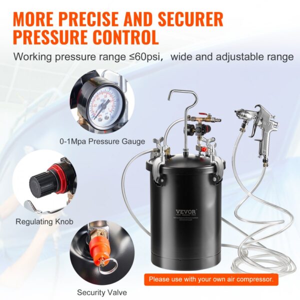 VEVOR Druckbehälter für Sprühfarbe, 15 L Druckbehälter, 60 psi einstellbarer Druck, Stahl-Druckbehälter-Farbbehälter mit Spritzpistole, Schläuchen, Druckmesser, für Heimdekoration, Industrielackierung – Bild 5