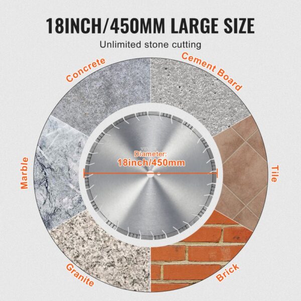 VEVOR Diamantsägeblatt Betonsägeblatt 45 cm für Nass- oder Trockenarbeiten, 12 mm Diamantsegmentsägeblatt mit schrägen Zähnen, Mittellochdurchmesser 25,4 mm, für Beton, Zementplatten, Fliesen, Ziegel – Bild 5