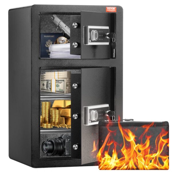 VEVOR Safe Tresor mit feuerfester Geldtasche, Doppeltüren-Safe 4,5 Kubikfuß, 2 höhenverstellbare Trennwände, digitaler Möbeltresor mit Schlüssel, Code, Safe für Geld Schmuck Wertsachen, Schwarz