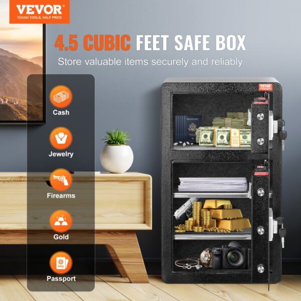 VEVOR Safe Tresor mit feuerfester Geldtasche, Doppeltüren-Safe 4,5 Kubikfuß, 2 höhenverstellbare Trennwände, digitaler Möbeltresor mit Schlüssel, Code, Safe für Geld Schmuck Wertsachen, Schwarz – Bild 2