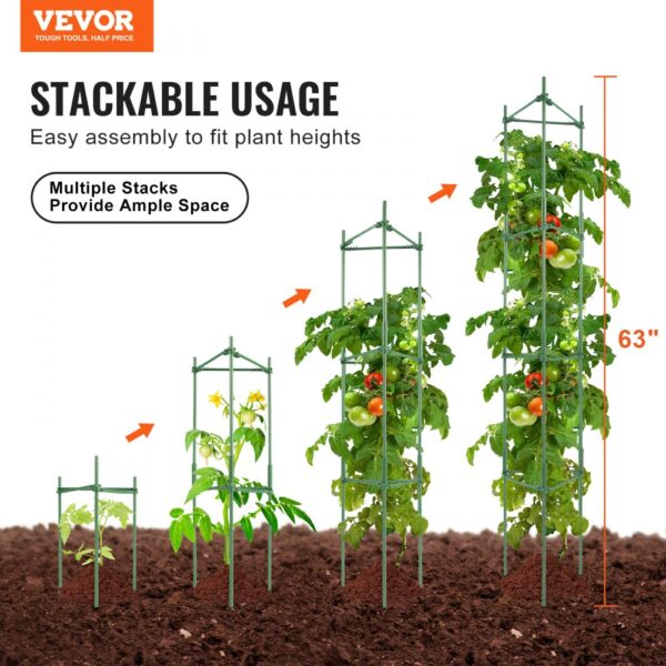 VEVOR 4er-Pack Tomatenkäfige für den Garten, 63 Zoll Tomaten-Spalier-Pflanzenpfahl-Unterstützung, stapelbarer hoher Pflanzenstützkäfig, für Hochbeete, Gemüse, Blumen und Kletterpflanzen – Bild 2