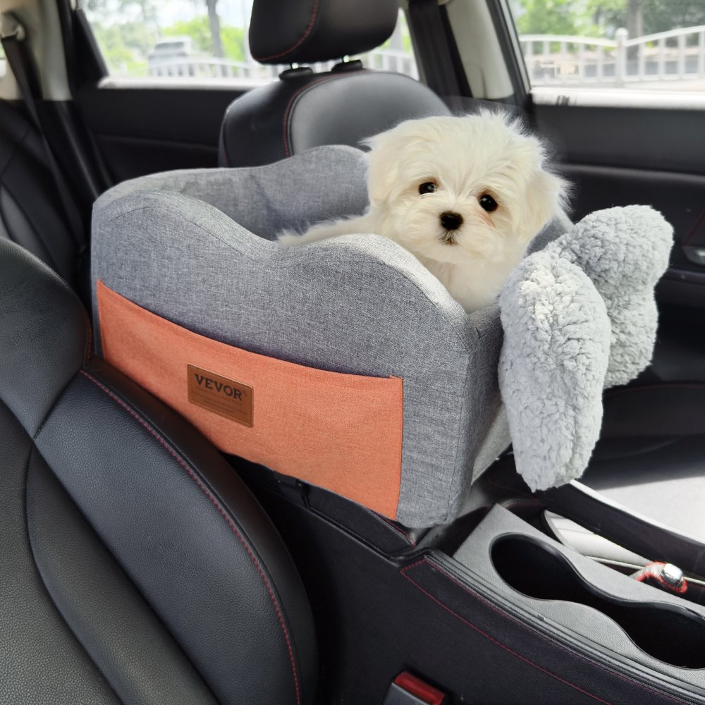 VEVOR Konsolen-Autositz für Hunde, Mittelkonsolen-Hundesitzerhöhung für kleine Hunde, Haustier-Autositz für die Autoarmlehne mit ansteckbarer Leine, verstellbare Gurte, trägt bis zu 8 lbs, Dunkelgrau
