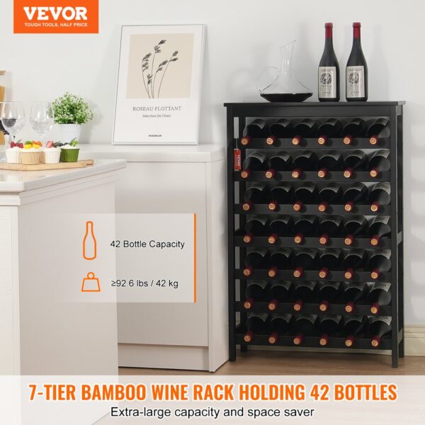 VEVOR Weinregal 42 Flaschen, stabiles Flaschenregal, 7-stufiges Lagerregal aus massivem Bambusholz, freistehendes Weinregal, wackelfreie Regale für Küche, Bar und Keller (schwarz) – Bild 2