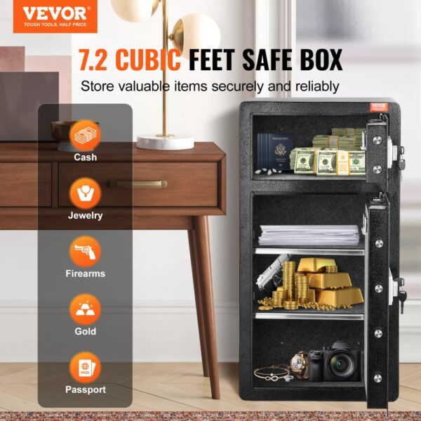 VEVOR Safe Tresor mit feuerfester Geldtasche, Doppeltüren-Safe 204 L, 2 höhenverstellbare Trennwände, digitaler Möbeltresor mit Schlüssel, Code, Safe für Geld Schmuck Wertsachen, Schwarz – Bild 2