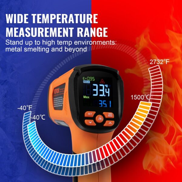 VEVOR Infrarot Thermometer IR 50:1 Pyrometer -40°C bis 1500°C Laser Temperaturmesser 180x120x60mm Temperaturmessgerät Nicht Menschliches Körperthermometer für Kochen/Barbecue/Gefrierschrank/Industrie – Bild 3