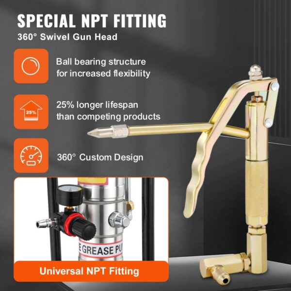 VEVOR Fettpumpe 12L Luftbetriebene Fettpumpe 0,6–0,8 MPa Aluminiumdruckguss-Pumpe -20-100℃ Betriebstemperatur, Pneumatische Fettpumpe NPT-Anschluss Schmierfettpumpe Geeignet für 0-3# Fett – Bild 3