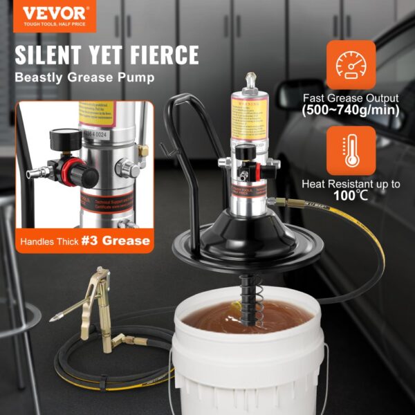 VEVOR Pneumatische 0,6-0,8Mpa Fettpumpe Druckguss-Aluminium Luftbetriebene Abschmierpumpe Durchfluss von 740 g/min Luftfettpumpe -20℃ bis 100℃ Betriebstemperatur Geeignet für 0-3# Schmierfett – Bild 2