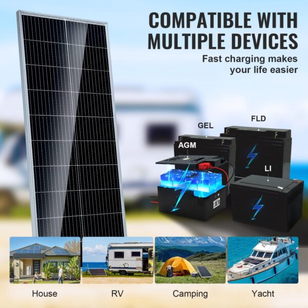 VEVOR 100W Solarpanel Kit 12V monokristallinen Solarmodul plus Laderegler 8,33A Solaranlage Umwandlungsrate von 23 % Kompatibel mit AGM-, GEL-, FLD-, LI-Batterien Ideal für Wohnmobile Yachten Zuhause – Bild 3