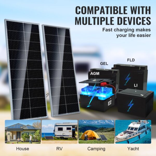VEVOR 200W Solarpanel 2er-Set 12V monokristallinen Solarmodul plus Laderegler 16,66A Solaranlage Umwandlungsrate von 23 % Kompatibel mit AGM-, GEL-, FLD-, LI-Batterien Ideal für Wohnmobile Yachten Zuh – Bild 3