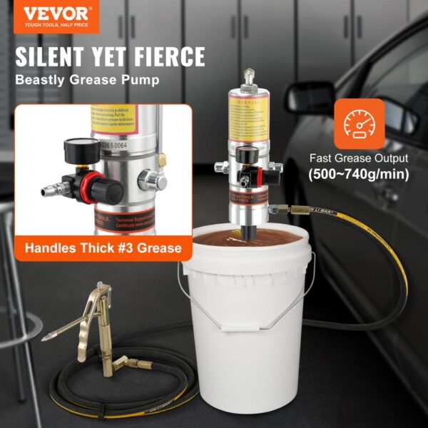 VEVOR Fettpumpe Luftbetriebene Fettpumpe mit 50:1 Druckverhältnis, 3,96 m Hochdruckschlauch und Fettpresse, Pneumatische Fettpumpe, Tragbare Schmierfettpumpe mit um 360° Schwenkbarem Fettpressenkopf – Bild 2