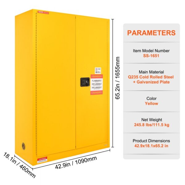 VEVOR Sicherheitsschrank für brennbare Flüssigkeiten, 170 L, Lagerschrank für brennbare Flüssigkeiten aus kaltgewalztem Stahl, 42,9 x 18,1 x 165,61cm, explosionsgeschützt, mit 2 verstellbaren Regale – Bild 3