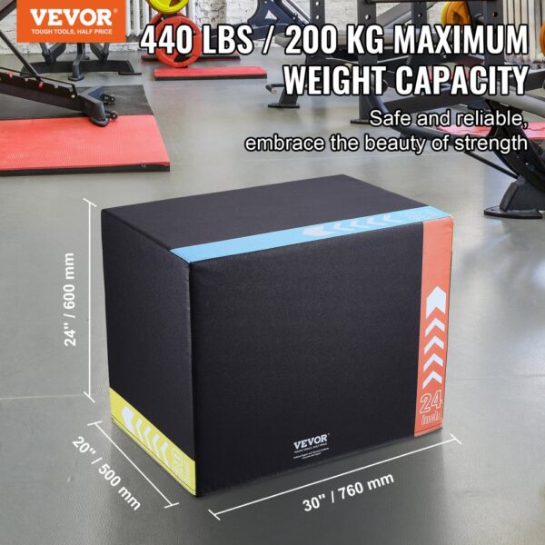VEVOR 3-in-1-Plyometrische Sprungbox 30/24/20-Zoll-Baumwoll-Plyobox, 200 kg Gewichtstragfähigkeit, Rutschfeste Fitnessübungs-Step-Up-Box für Heimtraining, Sprungkrafttraining Schwarz Einstellbare Höhe – Bild 2