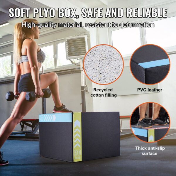 VEVOR 3-in-1-Plyometrische Sprungbox 30/24/20-Zoll-Baumwoll-Plyobox, 200 kg Gewichtstragfähigkeit, Rutschfeste Fitnessübungs-Step-Up-Box für Heimtraining, Sprungkrafttraining Schwarz Einstellbare Höhe – Bild 4