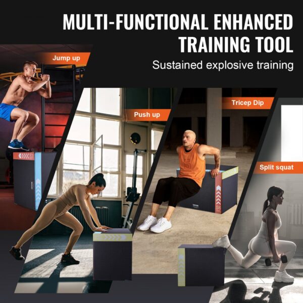 VEVOR 3-in-1-Plyometrische Sprungbox 30/24/20-Zoll-Baumwoll-Plyobox, 200 kg Gewichtstragfähigkeit, Rutschfeste Fitnessübungs-Step-Up-Box für Heimtraining, Sprungkrafttraining Schwarz Einstellbare Höhe – Bild 5