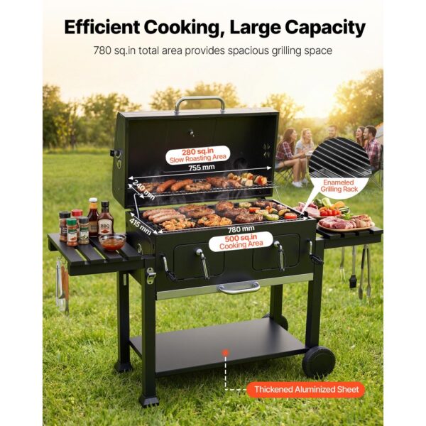 VEVOR Holzkohlegrill 0,50 m² Kohlegrillwagen mit 2 Anhebbaren Holzkohleschalen und Klappbaren Seitentischen, Hitzebeständiger, Pulverbeschichteter Stahlgrill für Terrassen- und Gartenpartys – Bild 2