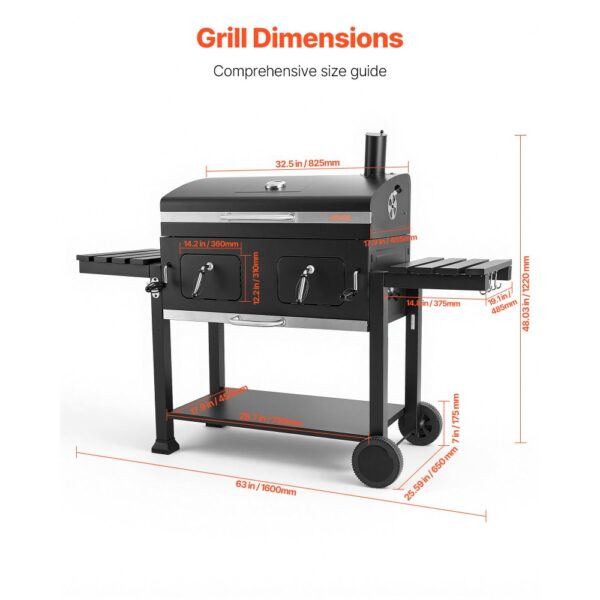 VEVOR Holzkohlegrill 0,50 m² Kohlegrillwagen mit 2 Anhebbaren Holzkohleschalen und Klappbaren Seitentischen, Hitzebeständiger, Pulverbeschichteter Stahlgrill für Terrassen- und Gartenpartys – Bild 3