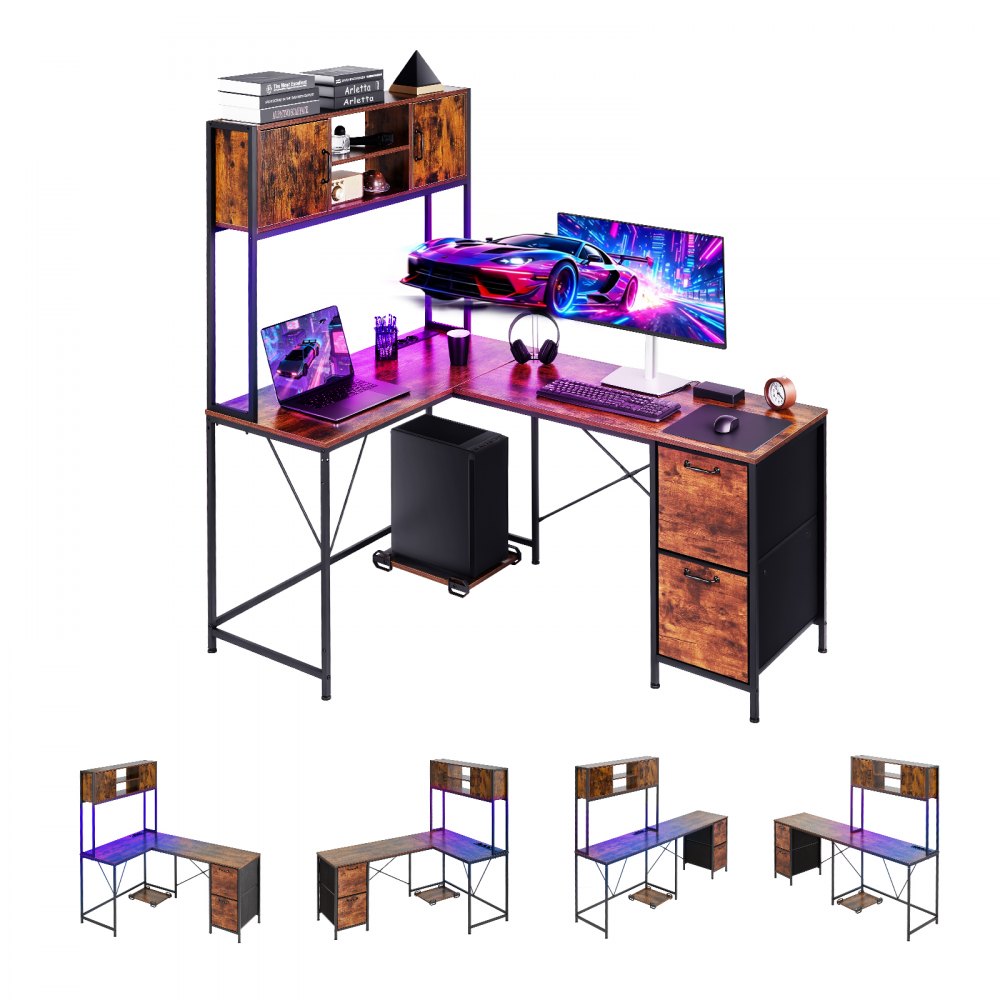 VEVOR Gaming-Schreibtisch L-Förmig, Ecktisch mit LED-Beleuchtung, 1,58 m Eck-Computertisch mit Steckdosen, Verschiebbarem CPU-Ständer & Aufbewahrungsschubladen, PC-Gamertisch für Homeoffice