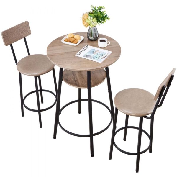 VEVOR Bartisch-Set (3-tlg.) mit 2 Barstühlen & abgerundeten Kanten, runder Kneipentisch Stehtisch (600 x 915 mm), Bistrotisch Esstisch Hellgrau, Schwarz, geeignet für Büro Minibar Frühstücksecke