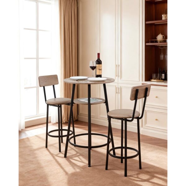 VEVOR Bartisch-Set (3-tlg.) mit 2 Barstühlen & abgerundeten Kanten, runder Kneipentisch Stehtisch (600 x 915 mm), Bistrotisch Esstisch Hellgrau, Schwarz, geeignet für Büro Minibar Frühstücksecke – Bild 2