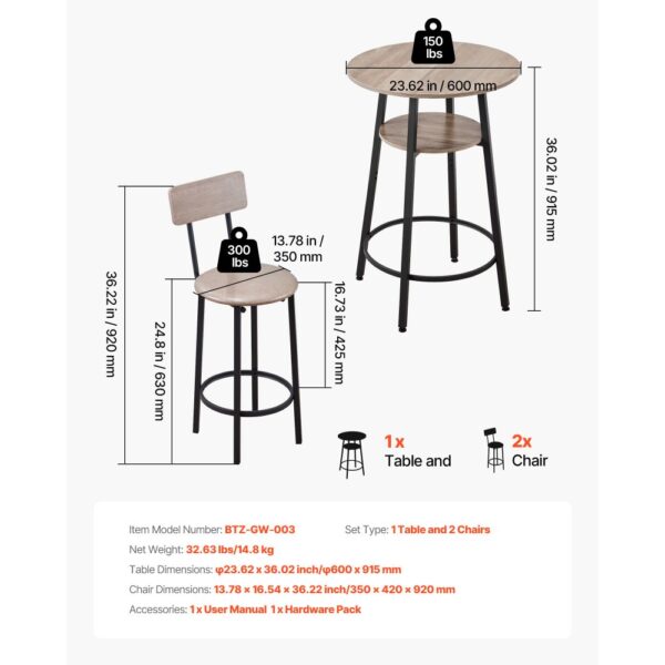 VEVOR Bartisch-Set (3-tlg.) mit 2 Barstühlen & abgerundeten Kanten, runder Kneipentisch Stehtisch (600 x 915 mm), Bistrotisch Esstisch Hellgrau, Schwarz, geeignet für Büro Minibar Frühstücksecke – Bild 3