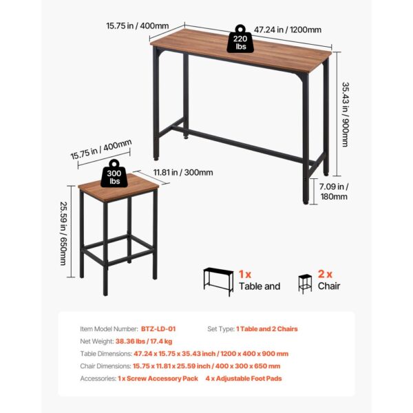 VEVOR Bartisch-Set (3-tlg.) mit 2 Barhocker & abgerundeten Kanten, rechteckiger Kneipentisch Stehtisch (120 x 40 x 90 cm), Bistrotisch Esstisch rustikales Braun Schwarz, geeignet für Büro Minibar – Bild 3