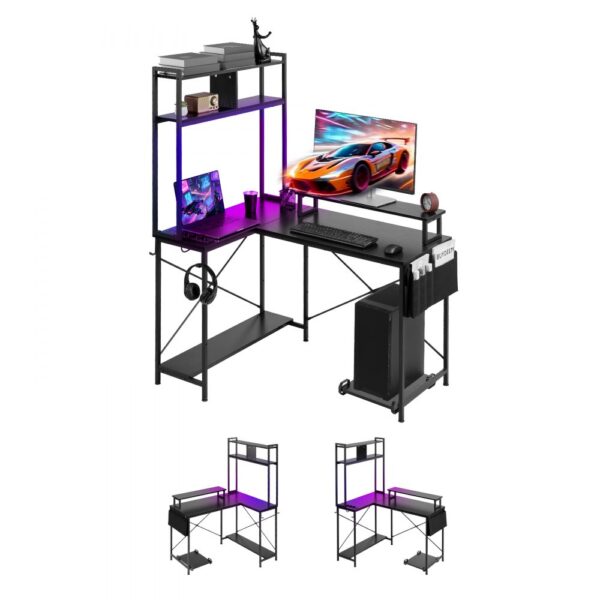 VEVOR Gaming Tisch L Form 1,2 m, Eck-Computertisch mit Monitorständer, Steckdosen, Verschiebbarem CPU-Ständer & Ablage, Eckschreibtisch 68 kg Tragfähigkeit, Gamertisch für Homeoffice