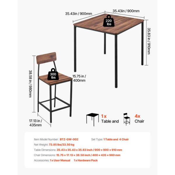 VEVOR Bartisch-Set (5-tlg.) mit 4 Barstühlen & abgerundeten Kanten, quadratischer Kneipentisch Stehtisch (90 x 90 x 91 cm), Bistrotisch Esstisch, geeignet für Büro Minibar Wohnzimmer Esszimmer – Bild 3