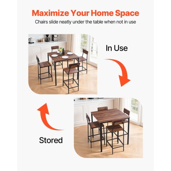 VEVOR Bartisch-Set (5-tlg.) mit 4 Barstühlen & abgerundeten Kanten, quadratischer Kneipentisch Stehtisch (90 x 90 x 91 cm), Bistrotisch Esstisch, geeignet für Büro Minibar Wohnzimmer Esszimmer – Bild 5
