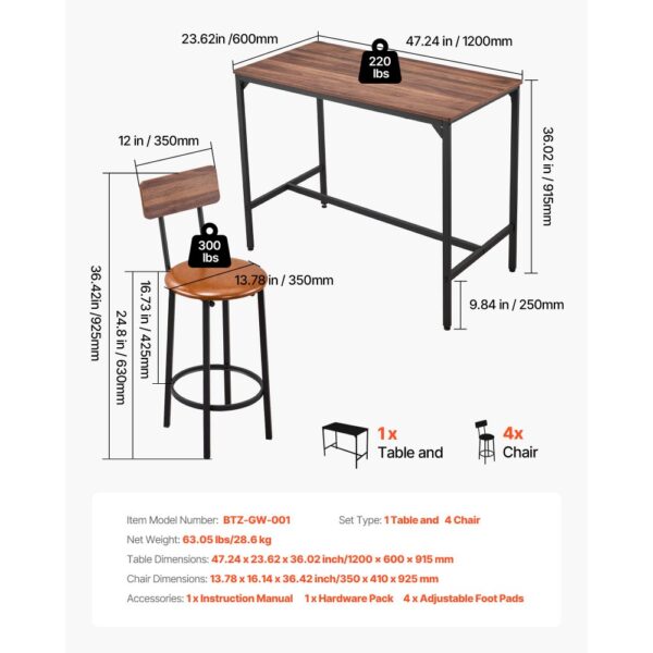 VEVOR Bartisch-Set (5-tlg.) mit 4 Barstühlen & abgerundeten Kanten, rechteckiger Kneipentisch Stehtisch (1200 x 600 x 915 mm), Bistrotisch Esstisch, geeignet für Büro Minibar Esszimmer Wohnzimmer – Bild 3