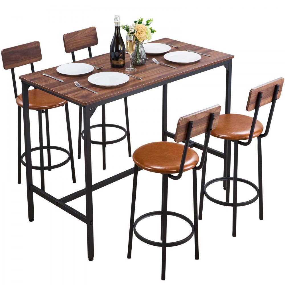 VEVOR Bartisch-Set (5-tlg.) mit 4 Barstühlen & abgerundeten Kanten, rechteckiger Kneipentisch Stehtisch (1200 x 600 x 915 mm), Bistrotisch Esstisch, geeignet für Büro Minibar Esszimmer Wohnzimmer