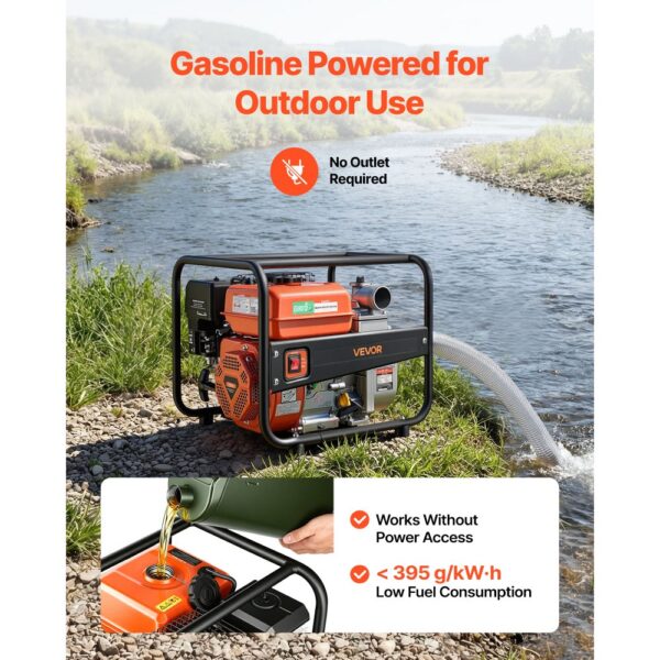 VEVOR Wasserpumpe Benzin 158 GPM, 2 Zoll Schmutzwasserpumpe 7 PS Motorpumpe Tragbar mit 7,62 m Förderschlauch & Gusseisenlaufrad Wasserförderpumpe für Bewässerung Entwässerung Baustellen Teiche – Bild 4
