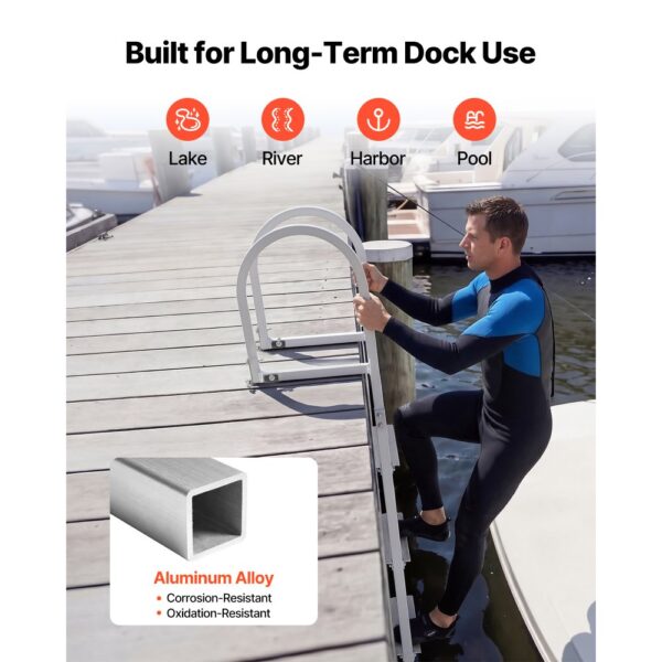 VEVOR Dockleiter Abnehmbar, Bootsleiter mit 4 Rutschfesten Stufen Breite Pedale & Handlauf, 227 kg Belastbare Poolleiter aus Aluminiumlegierung, Einstiegsleiter für Docks Pools Seen Yachten, Silber – Bild 5