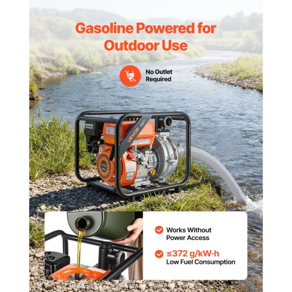 VEVOR Benzin Wasserpumpe 49,9 m Förderhöhe, Schmutzwasserpumpe 6 PS, Tragbare Motorpumpe, Benzinmotor mit 762 cm Auslassschlauch, Gusseisenlaufrad, Gartenpumpe für Bewässerung, Teiche & Pools – Bild 4