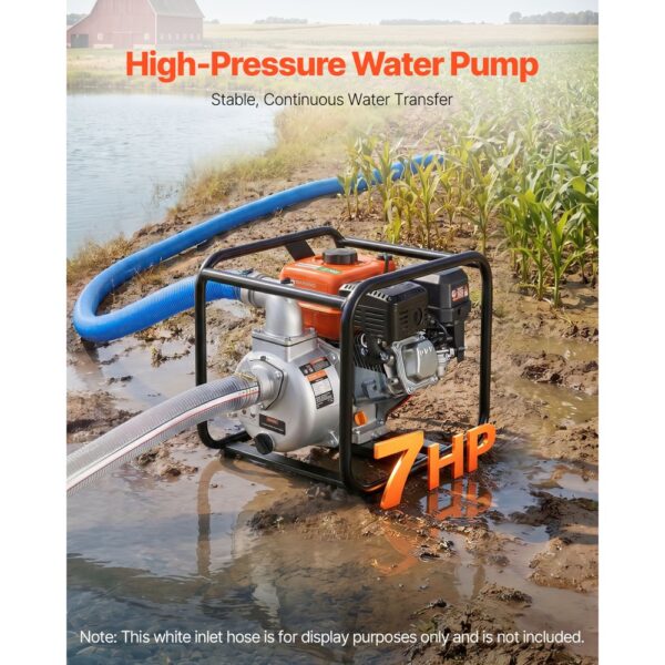VEVOR Benzin Wasserpumpe 29,87 m Förderhöhe, Schmutzwasserpumpe 7 PS, Tragbare Motorpumpe, Benzinmotor mit 762 cm Auslassschlauch, Gusseisenlaufrad, Gartenpumpe für Bewässerung, Teiche & Pools – Bild 2