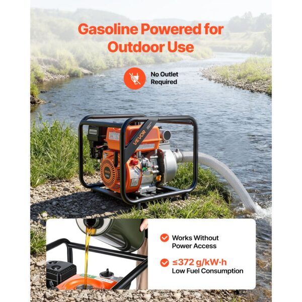 VEVOR Benzin Wasserpumpe 29,87 m Förderhöhe, Schmutzwasserpumpe 7 PS, Tragbare Motorpumpe, Benzinmotor mit 762 cm Auslassschlauch, Gusseisenlaufrad, Gartenpumpe für Bewässerung, Teiche & Pools – Bild 4