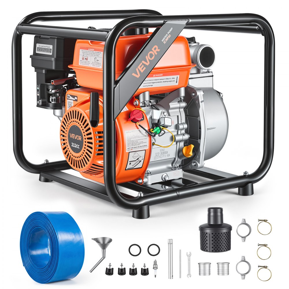 VEVOR Benzin Wasserpumpe 29,87 m Förderhöhe, Schmutzwasserpumpe 7 PS, Tragbare Motorpumpe, Benzinmotor mit 762 cm Auslassschlauch, Gusseisenlaufrad, Gartenpumpe für Bewässerung, Teiche & Pools