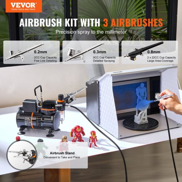 VEVOR Airbrush-Set, Luftkompressor mit Doppellüfter, professionelles Airbrush-System-Set mit 3 Airbrushes, Halter, Farbmischrad, Reinigungsbürsten-Set, Airbrush-Set für Kunst, Nägel, Kekse, Make-up, K – Bild 2