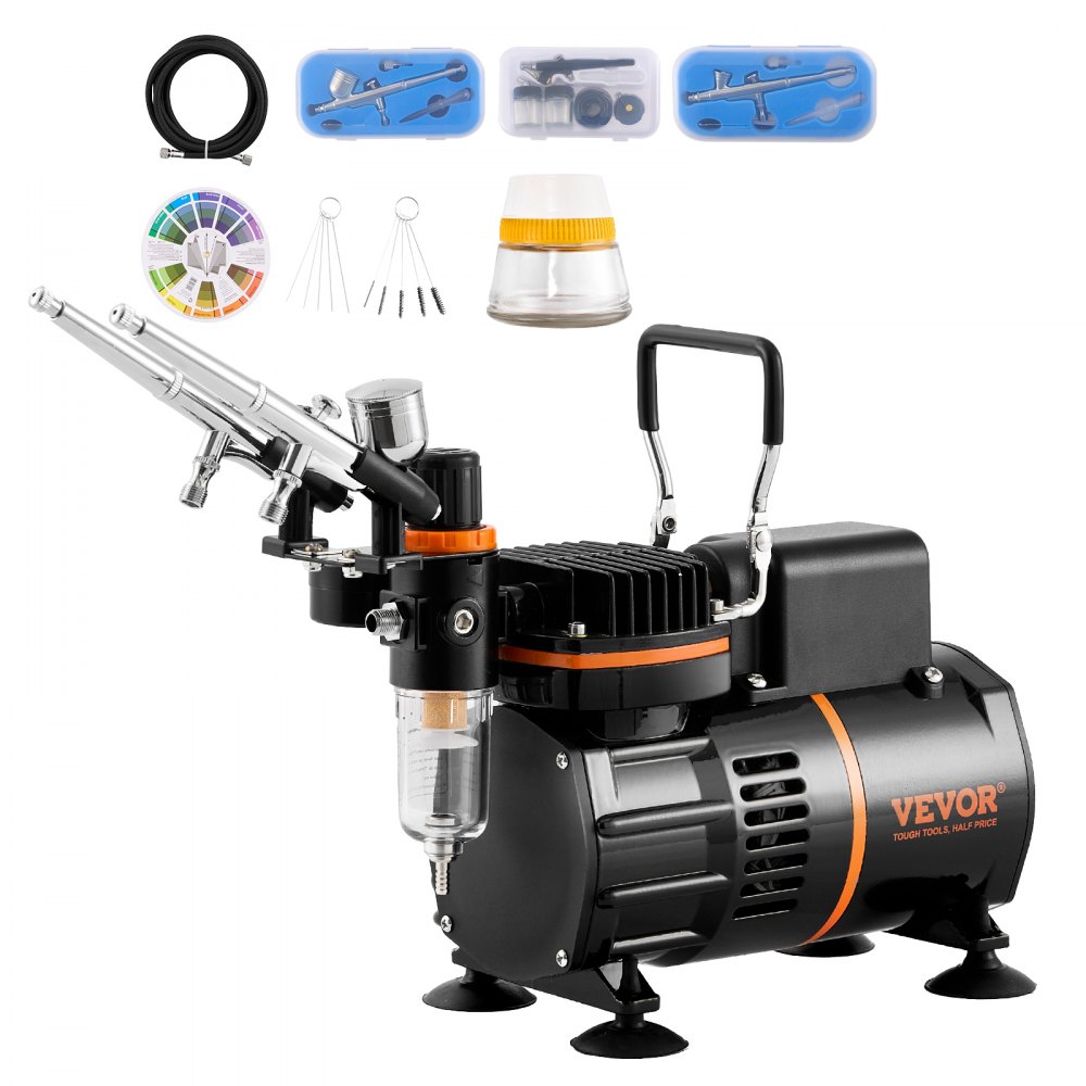VEVOR Airbrush-Set, Luftkompressor mit Doppellüfter, professionelles Airbrush-System-Set mit 3 Airbrushes, Halter, Farbmischrad, Reinigungsbürsten-Set, Airbrush-Set für Kunst, Nägel, Kekse, Make-up, K