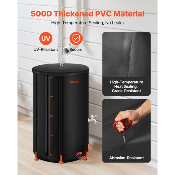 VEVOR Regentonne faltbar, 250 L tragbares Regenfass, Regenwassertank, 500D PVC-Regenwassersammelsystem, Wassertank, Regenwassertonne mit Zapfhahn und Überlaufset, Schwarz – Bild 2