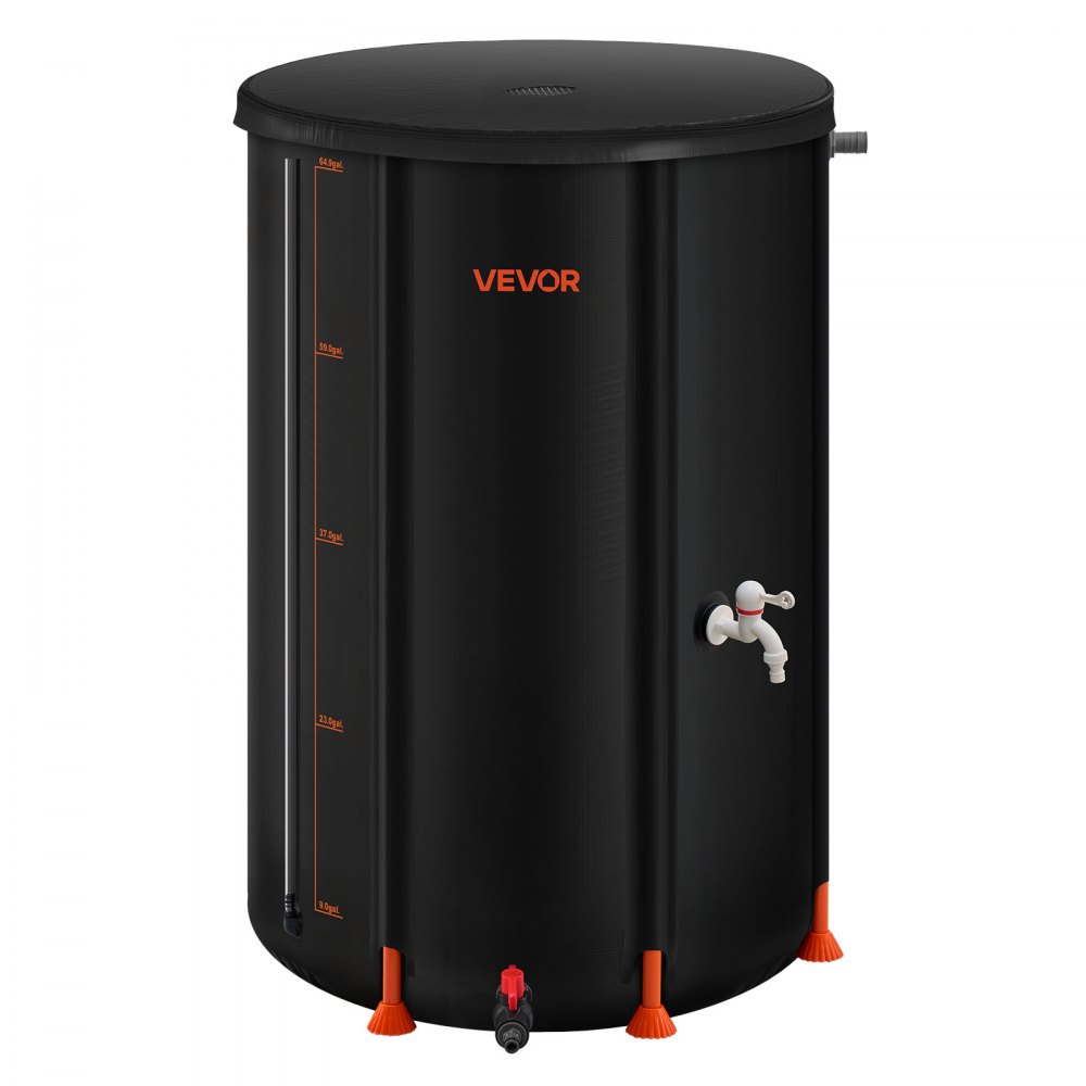 VEVOR Regentonne faltbar, 250 L tragbares Regenfass, Regenwassertank, 500D PVC-Regenwassersammelsystem, Wassertank, Regenwassertonne mit Zapfhahn und Überlaufset, Schwarz