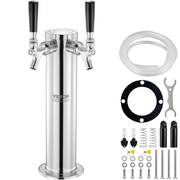 VEVOR Bierzapfturm mit zwei Zapfhähnen, Bierfassturm aus Edelstahl, Kegerator-Turm-Kit mit Vormontierten Schläuchen & Selbstschließenden Zapfhähnen für Partys, Bars, Pubs und Restaurants usw.
