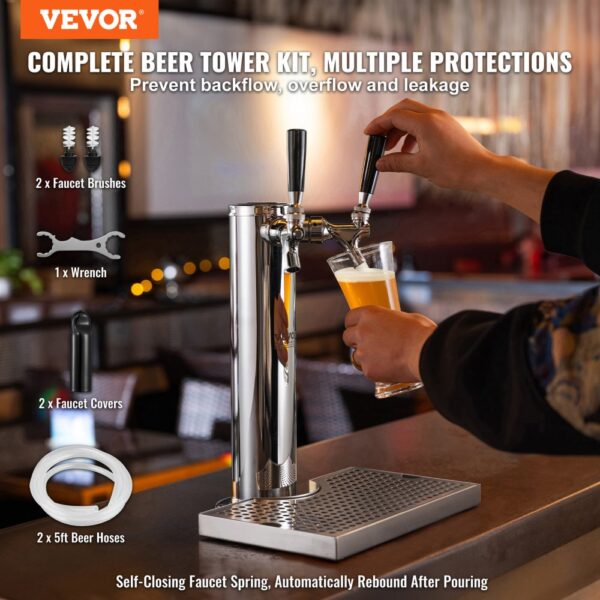 VEVOR Bierzapfturm mit zwei Zapfhähnen, Bierfassturm aus Edelstahl, Kegerator-Turm-Kit mit Vormontierten Schläuchen & Selbstschließenden Zapfhähnen für Partys, Bars, Pubs und Restaurants usw. – Bild 2