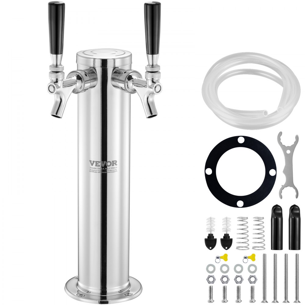 VEVOR Bierzapfturm mit zwei Zapfhähnen, Bierfassturm aus Edelstahl, Kegerator-Turm-Kit mit Vormontierten Schläuchen & Selbstschließenden Zapfhähnen für Partys, Bars, Pubs und Restaurants usw.