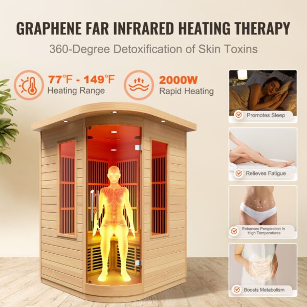 VEVOR Ferninfrarot-Holzsauna, Sauna-Spa für Zuhause, für 2 Personen, Niedrige EMF-Ferninfrarot-Sauna mit gehärteter Glastür & LED-Mehrfarbenlampe & Bluetooth-Lautsprechern, 2 kW für den Innenbereich – Bild 3