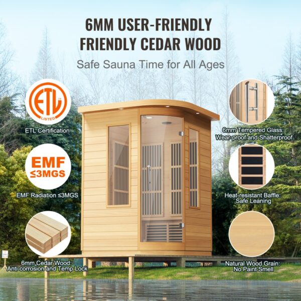 VEVOR Ferninfrarot-Holzsauna, Sauna-Spa für Zuhause, für 2 Personen, Niedrige EMF-Ferninfrarot-Sauna mit gehärteter Glastür & LED-Mehrfarbenlampe & Bluetooth-Lautsprechern, 2 kW für den Innenbereich – Bild 5